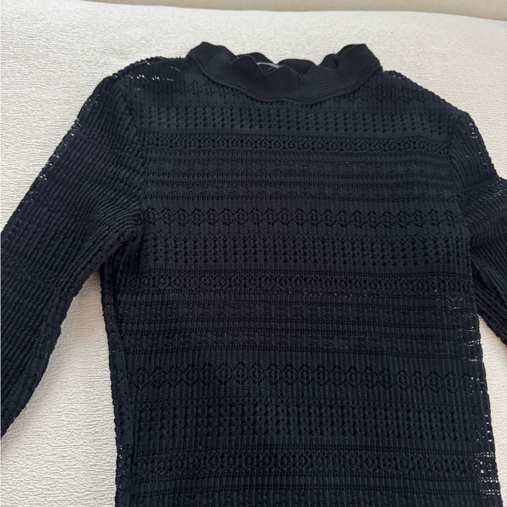 ZARA Black Sheer Lace Long Sleeve Blouse Scalloped High Neck Size S